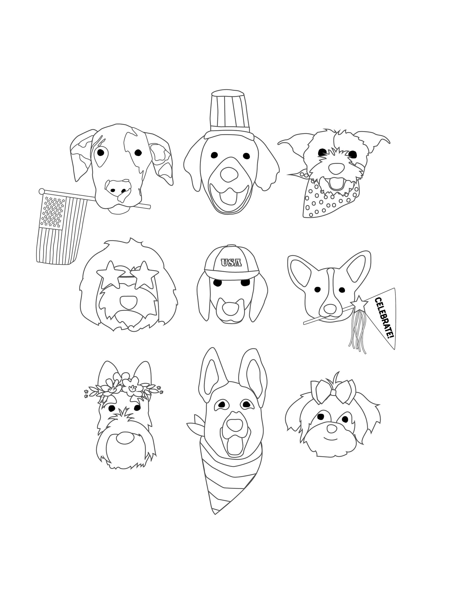 Patriotic th of july puppy dog faces coloring pages â