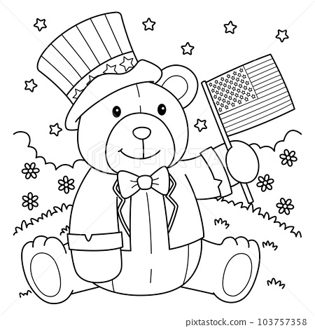 Th of july teddy bear with us flag coloring page