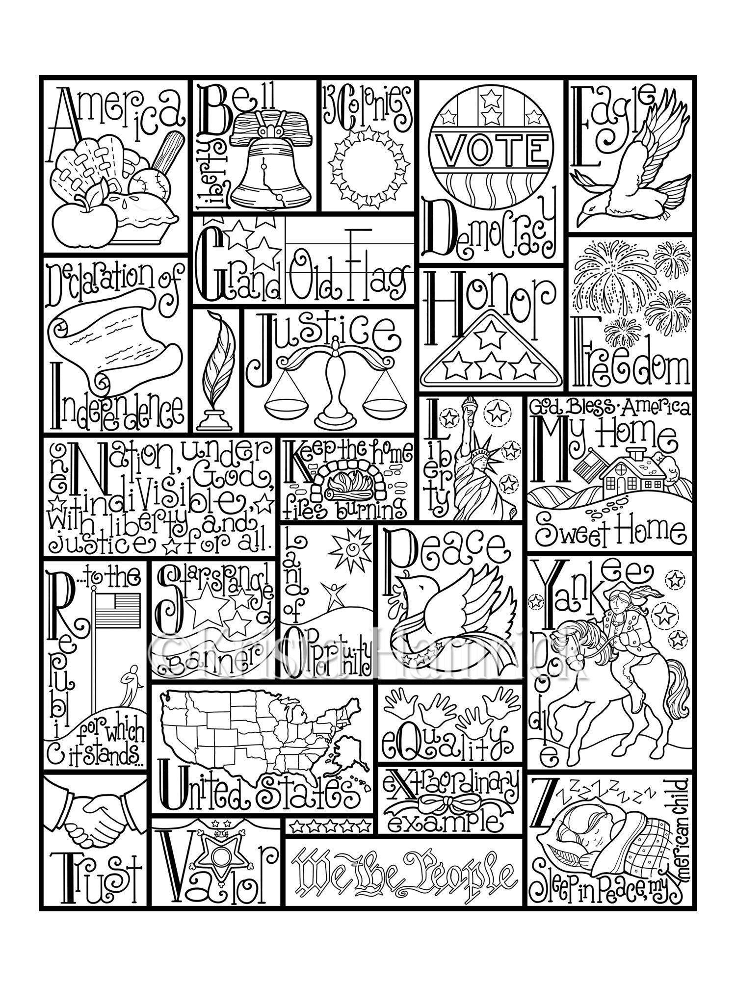 Patriotic alphabet coloring page in three sizes x x suitable for framing x