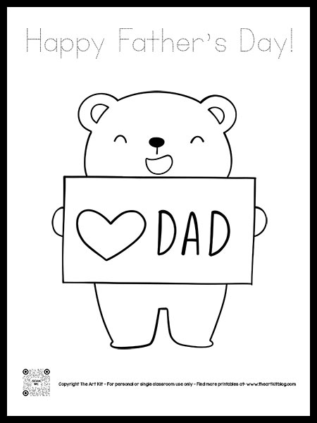 Printable happy fathers day coloring page with bear dotted font â the art kit
