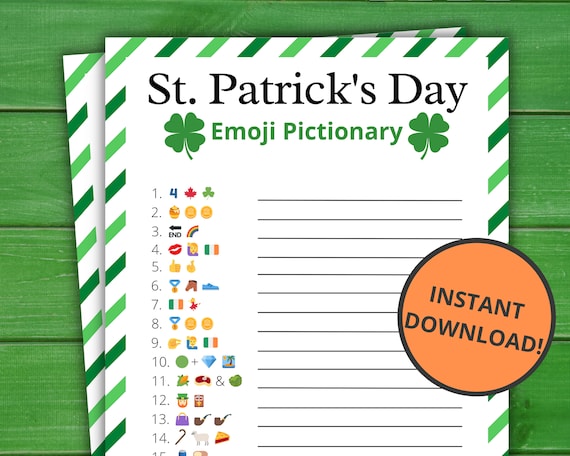 St patricks day emoji pictionary st patricks party games st pattys activity for kids and adults virtual and printable party games instant download