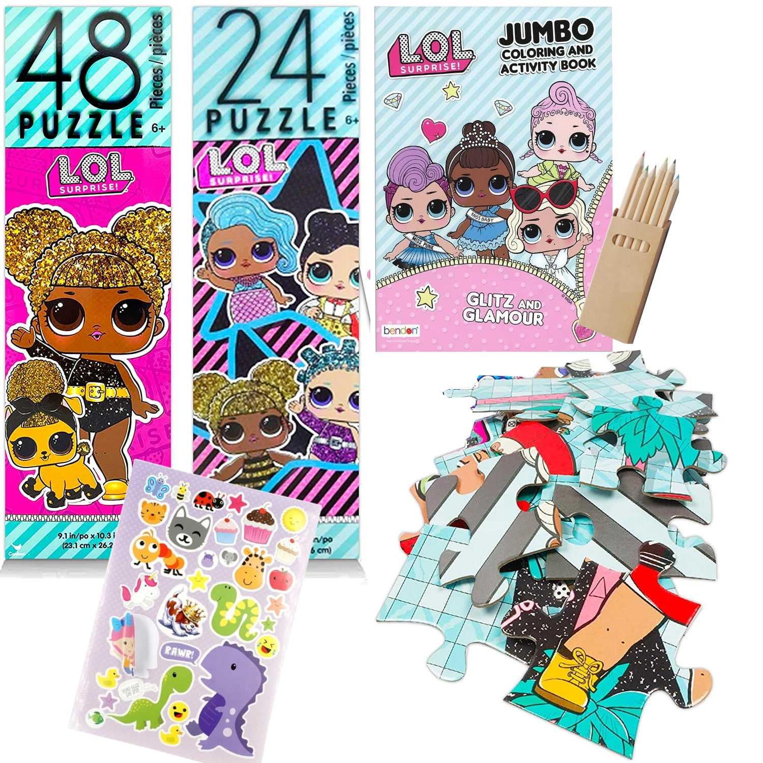 Bundle of lol dolls puzzles coloring book and stickers jigzaw puzzle party favors with furry friends lol toys and games