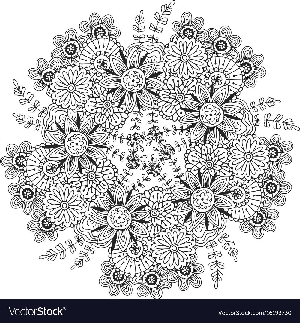 Mandala with flowers pattern adult coloring book vector image