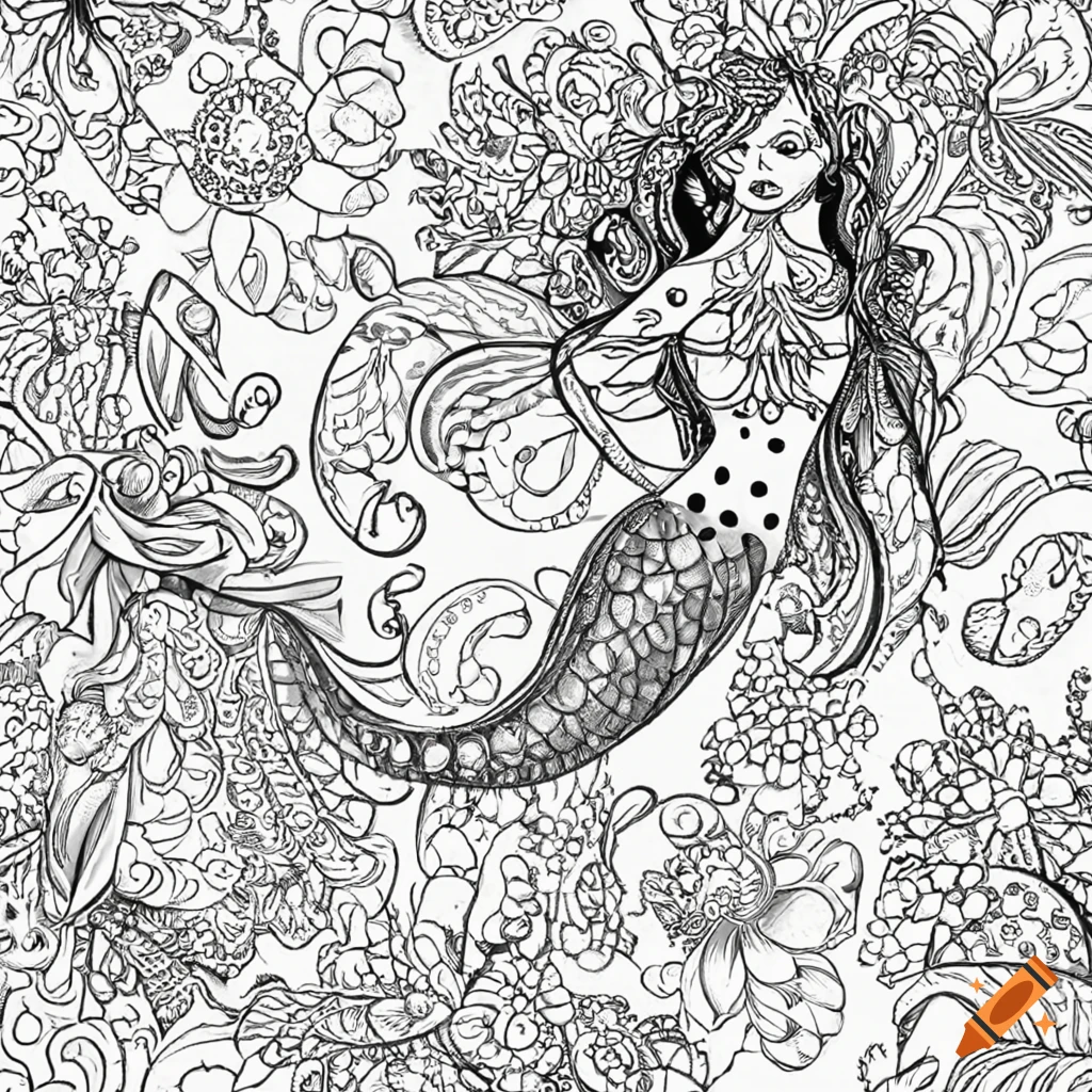 Coloring book pagea whimsical pattern of mermaids and sea creatures high detail adult coloring book page thin black lines white background âno book logo page letters words markers flowers animals âno black