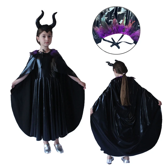 Disney maleficent costume for kids evil queen black maleficent princess dress with feather cape halloween costume for children