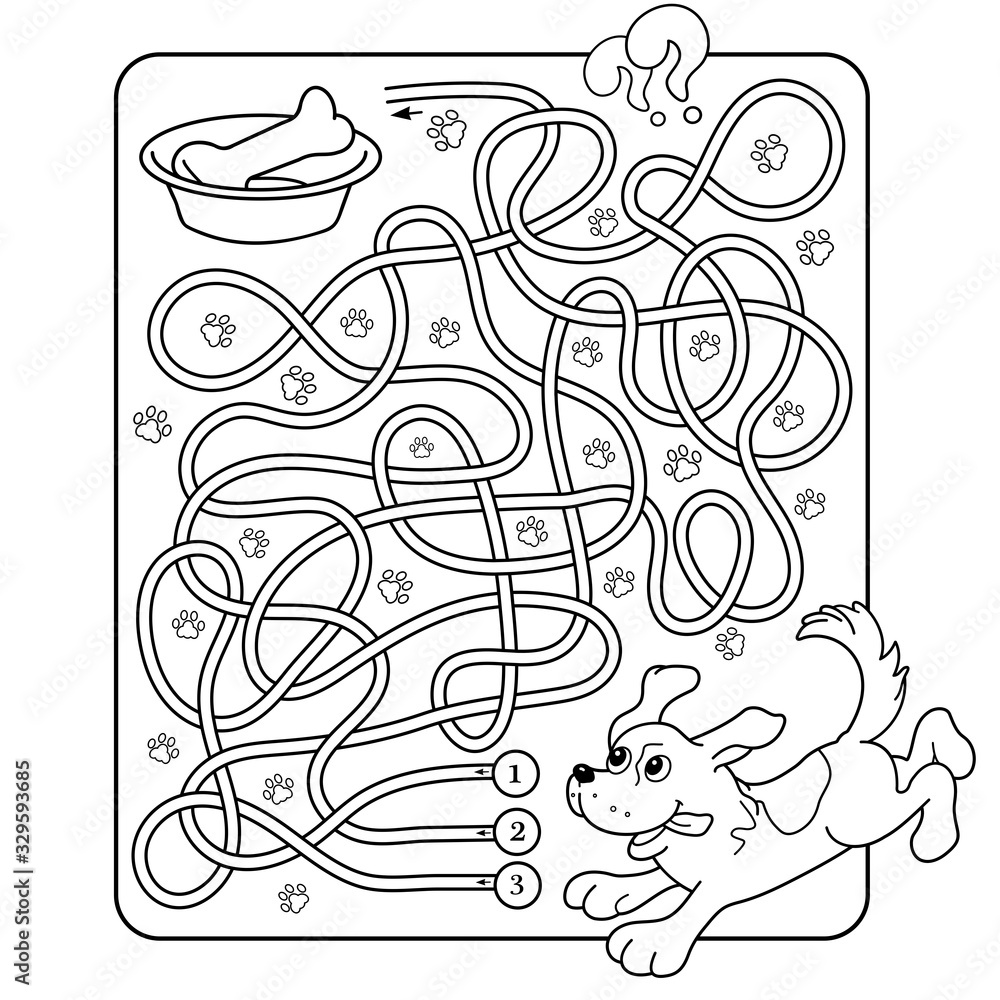 Maze or labyrinth game for preschool children puzzle tangled road matching game coloring page outline of cartoon dog with bone coloring book for kids vector