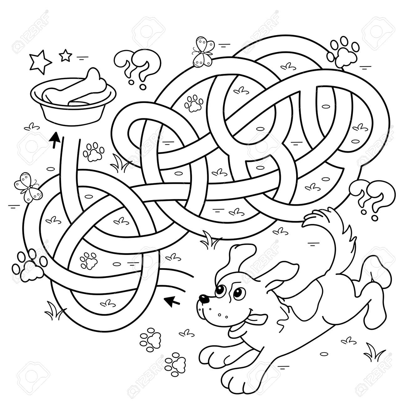 Maze or labyrinth game puzzle tangled road coloring page outline of cartoon little dog with bone puppy coloring book for kids royalty free svg cliparts vectors and stock illustration image