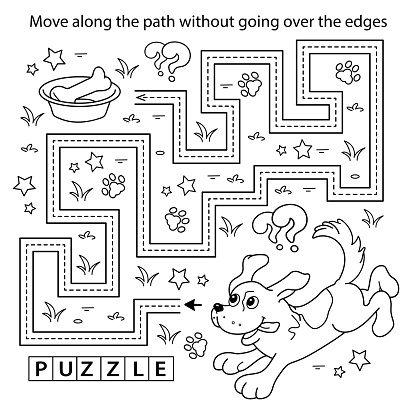 Handwriting practice sheet simple educational game or maze coloring page outline of cartoon fun dog with bone puppy coloring book for kids stock illustration