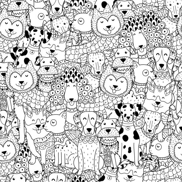 Funny dogs black and white seamless pattern stock illustration