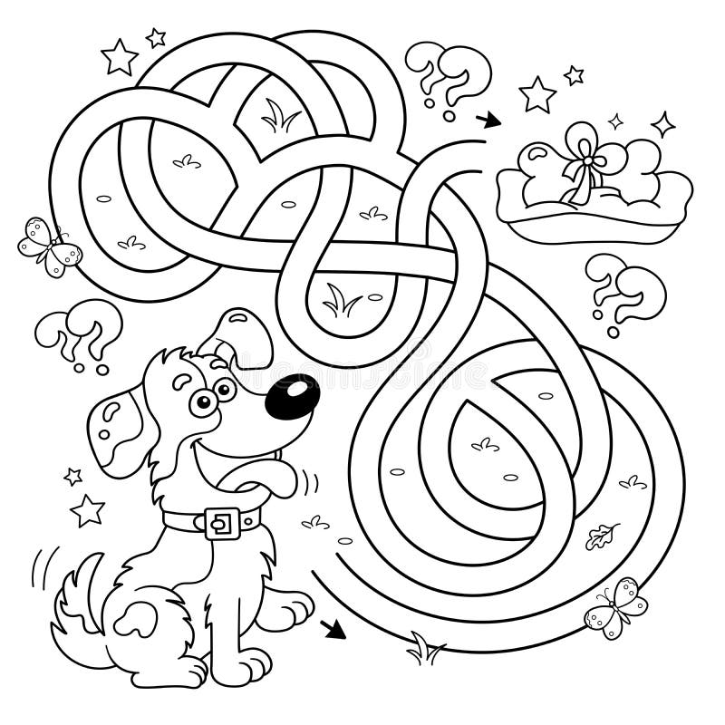 Maze or labyrinth game puzzle tangled road coloring page outline of cartoon little dog with bone puppy stock vector