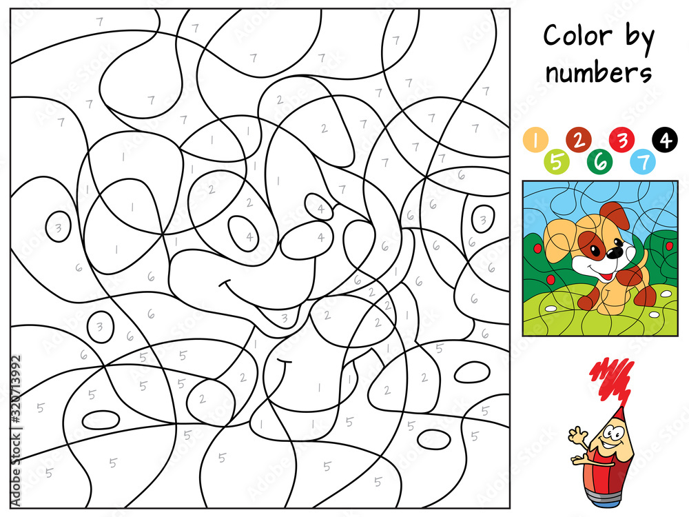 Funny little dog color by numbers coloring book educational puzzle game for children cartoon vector illustration vector