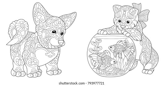 Dog cat coloring page royalty