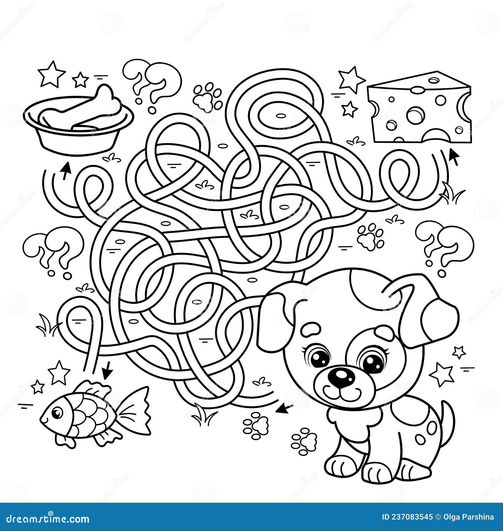 Maze or labyrinth game puzzle tangled road coloring page outline of cartoon little dog with food puppy stock vector