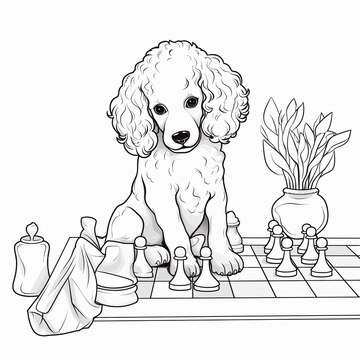 Premium vector simple vector monochrome coloring page of poodle playing chess