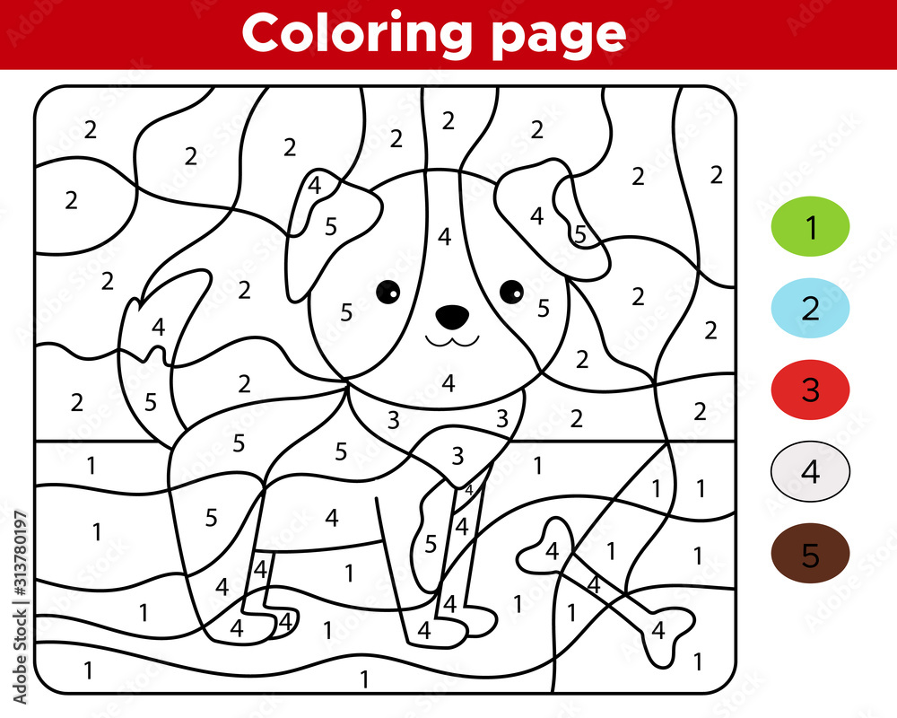 Coloring page for preschool kids learn numbers and colors cute kawaii dog with bone educational game vector