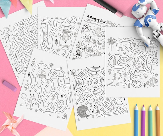 Printable maze labyrinth pdf coloring pages for kids busy book quiet book puzzle game with cute dinos activity for toddlers