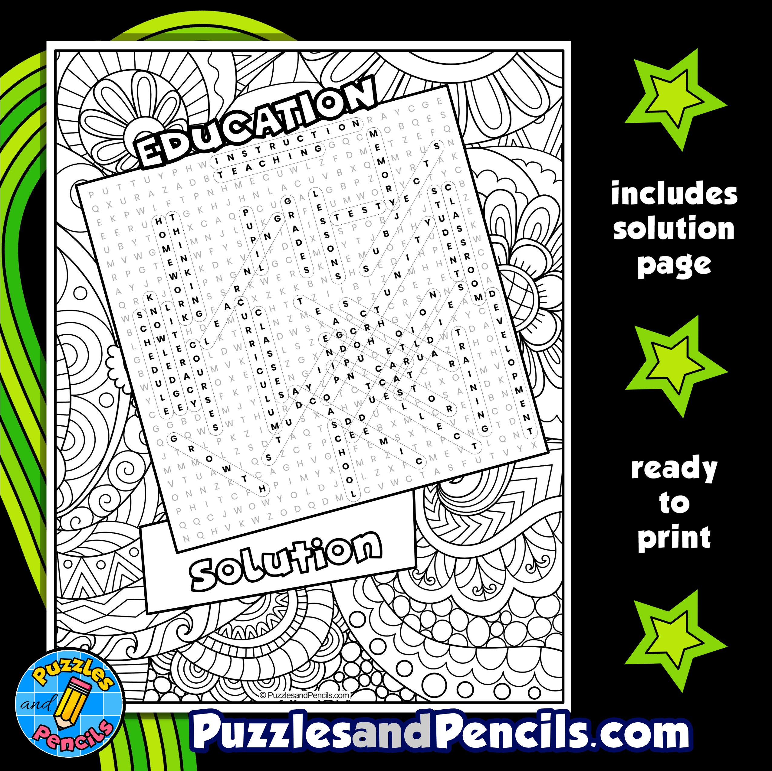 Education word search puzzle activity page with coloring made by teachers