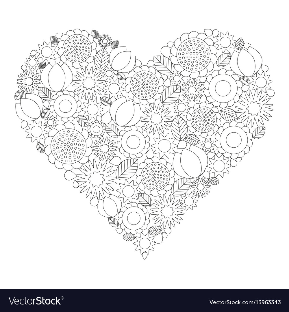 Floral heart coloring book page black and white vector image