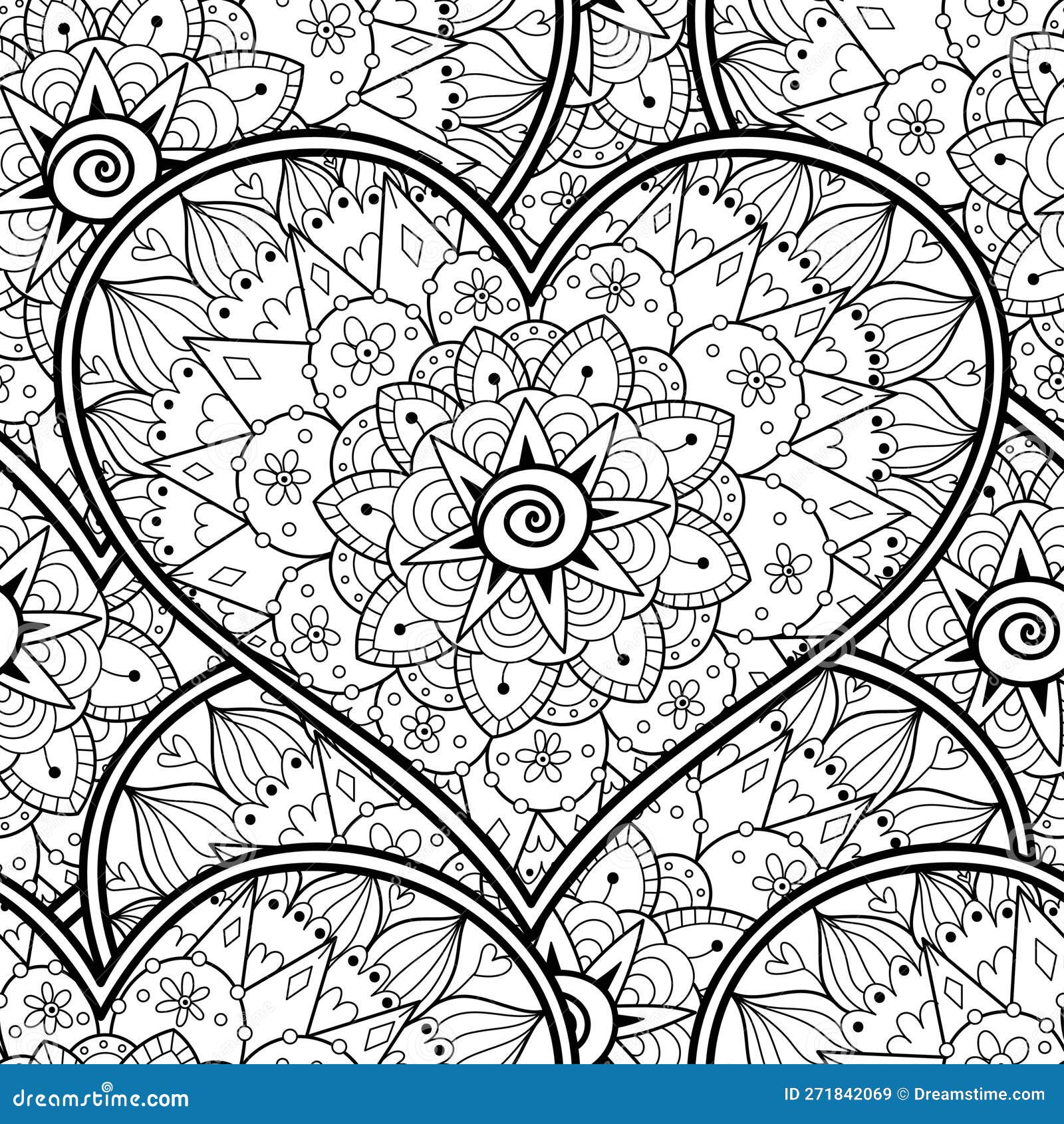 Floral heart mandala black and white seamless pattern for coloring book love doodle background stock vector