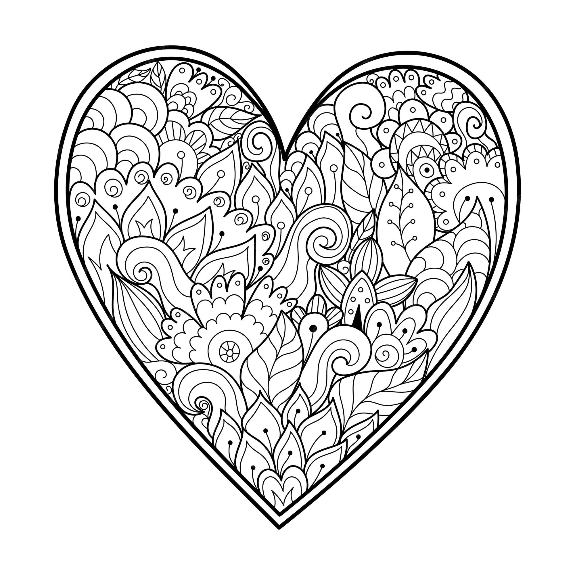 Premium vector cute zentangle floral heart coloring page black and white love pattern for antistress coloring book