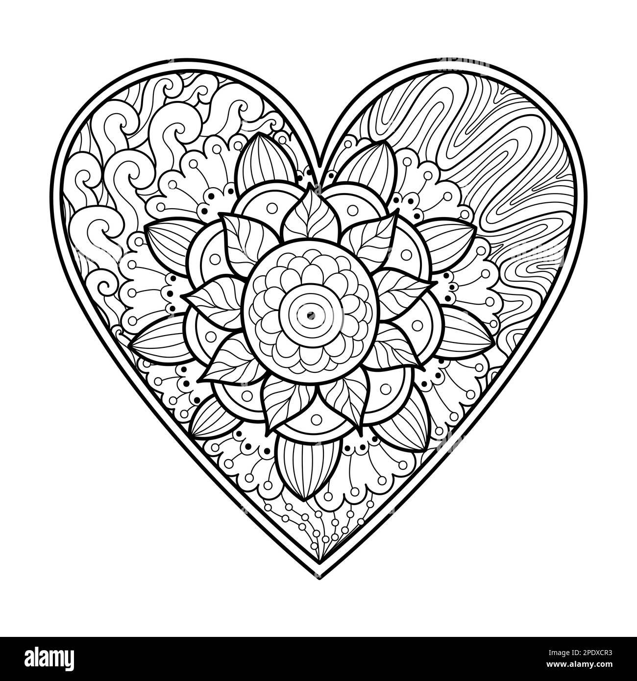 Cute zentangle floral heart coloring page black and white love pattern for antistress coloring book stock vector image art