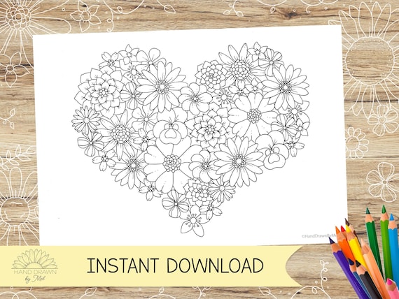 Floral heart colouring page for adults and children flowerwhimsical coloring page instant digital download pdf jpeg in a and us letter