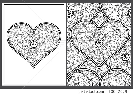 Zentangle floral heart coloring pages set in us