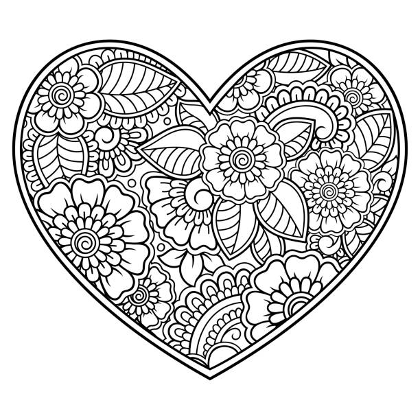 Mehndi flower pattern in form of heart for henna drawing and tattoo decoration in ethnic oriental indian style valentines day greetings coloring book page stock illustration