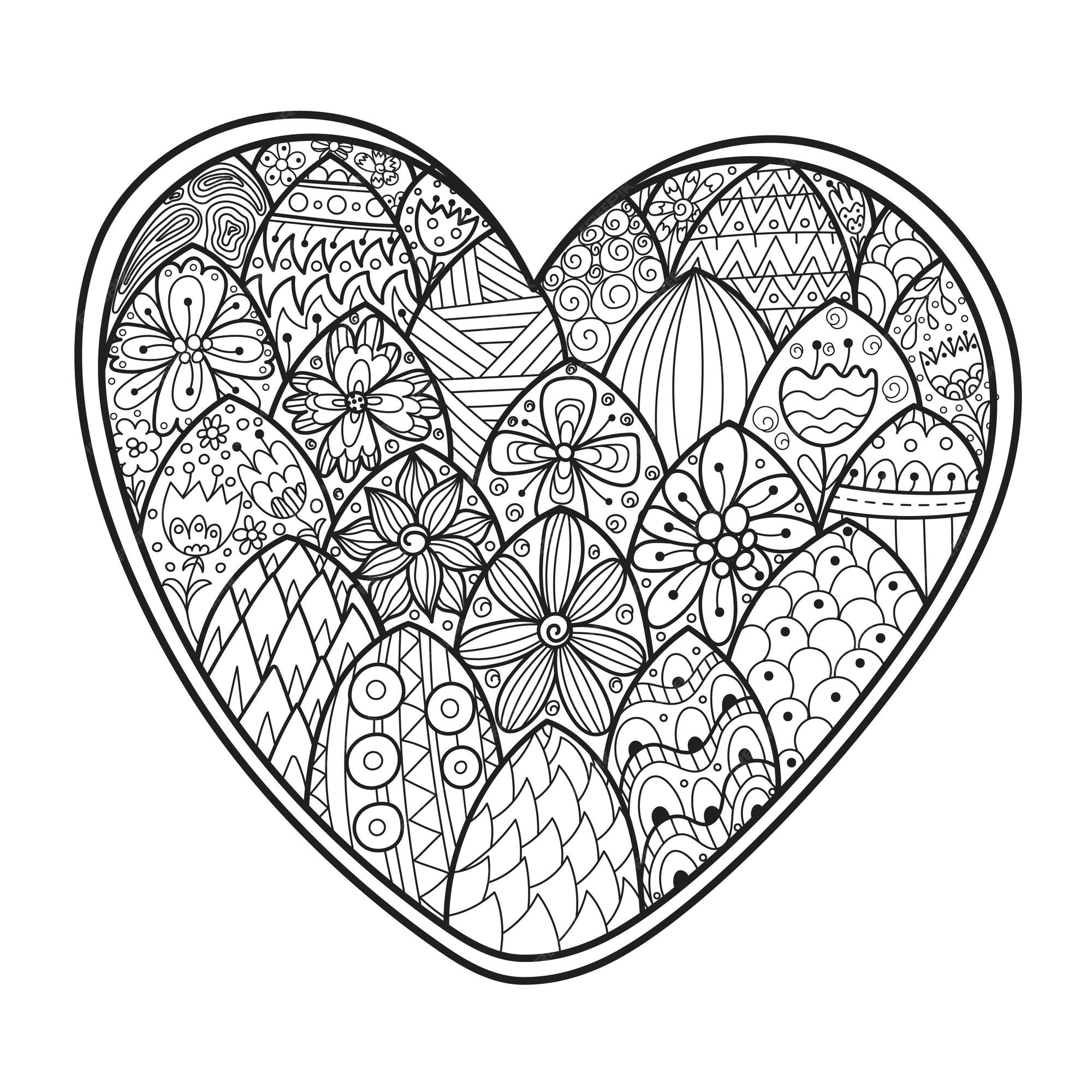 Premium vector zentangle floral heart coloring page black and white love pattern for antistress coloring book