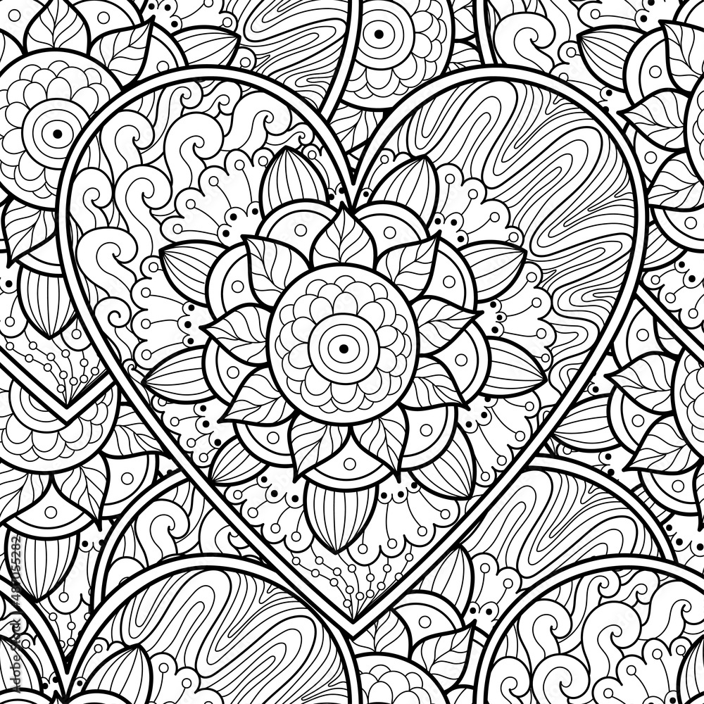 Cute floral heart mandala black and white seamless pattern for coloring book love doodle background creative coloring page for adults and kids vector illustration vector