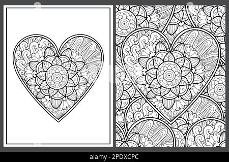 Cute zentangle floral heart coloring pages set in us letter format black and white love patterns stock vector image art