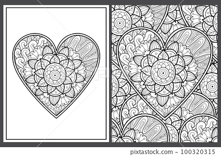 Cute zentangle floral heart coloring pages set