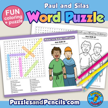 Paul and silas activity bible story word search puzzle with coloring