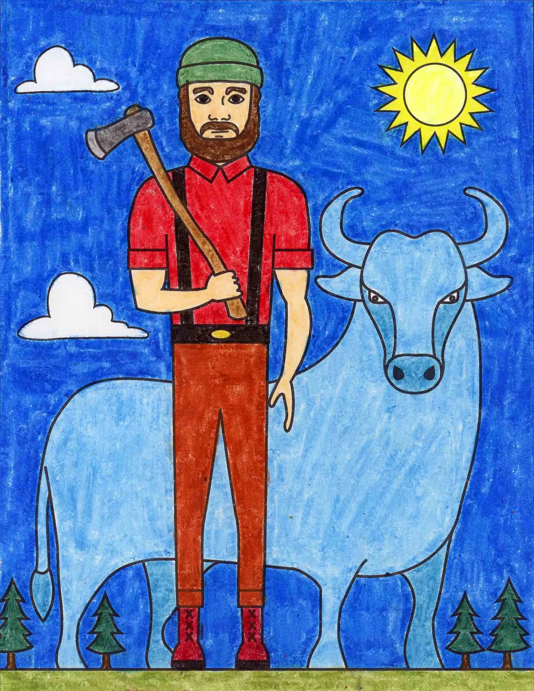 Easy how to draw paul bunyan tutorial and coloring page