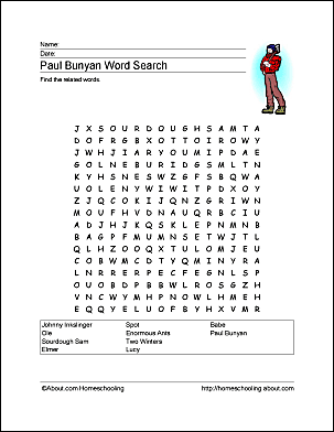 Paul bunyan wordsearch crossword puzzle and more