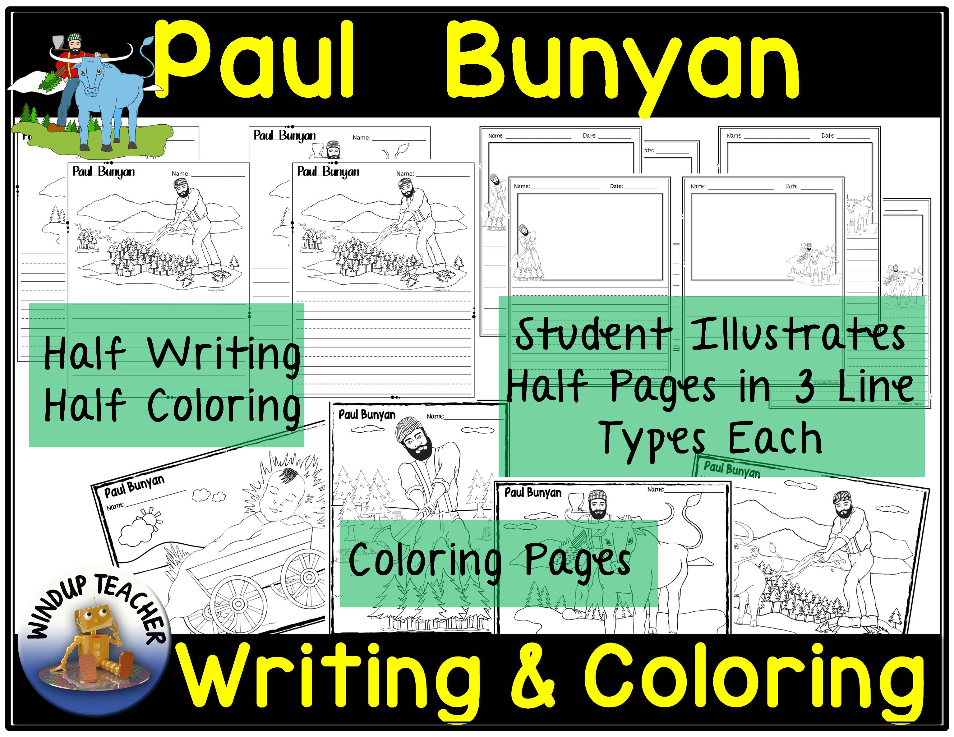 Paul bunyan writing paper and coloring pages