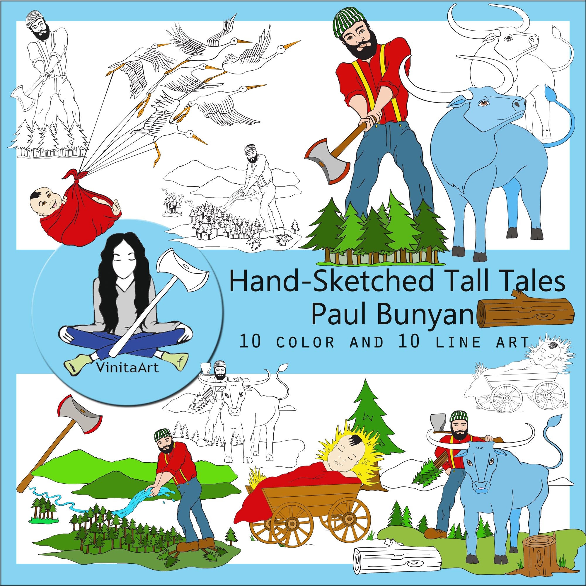 Paul bunyan tall tales clip art bundle woodland lumberjack digital stamps tall tales babe the blue ox short stories teacher resources