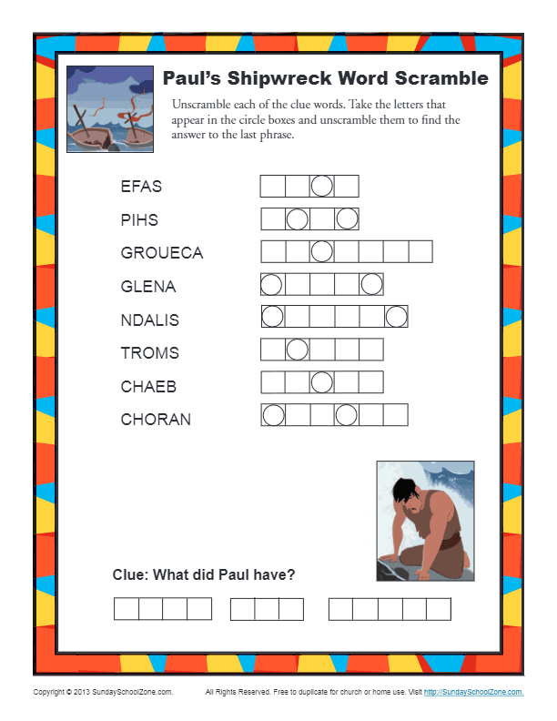 Pauls shipwreck word scramble bible activity for kids