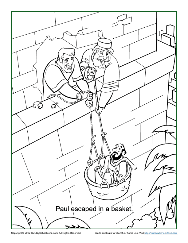 Paul escaped in a basket coloring page on sunday school zone