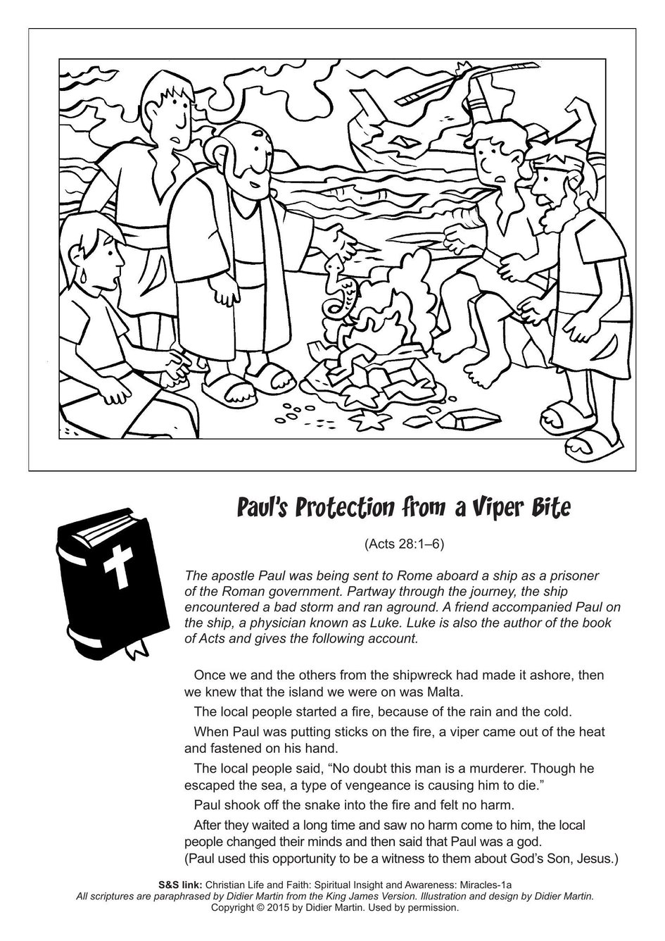 Coloring page miracles in the bible pauls protection from a viper bite my wonder studio