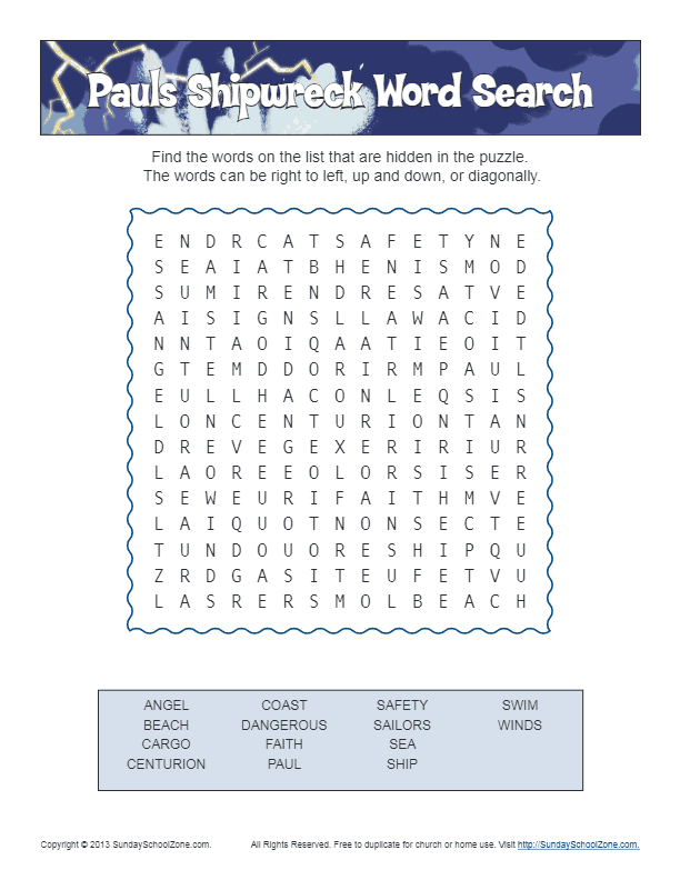 Pauls shipwreck word search bible activities for children