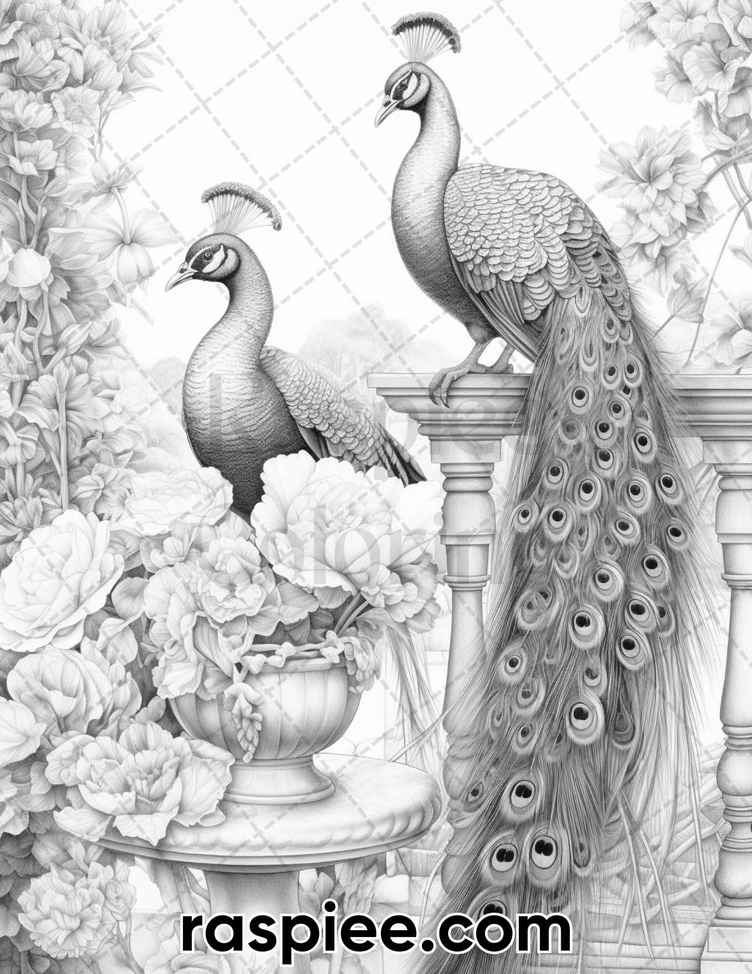 Majestic peacocks grayscale adult coloring pages printable pdf ins â coloring
