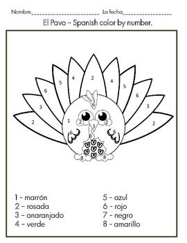Feliz dãa del pavo spanish color by number for thanksgiving pages spanish classroom activities learning french for kids spanish kids