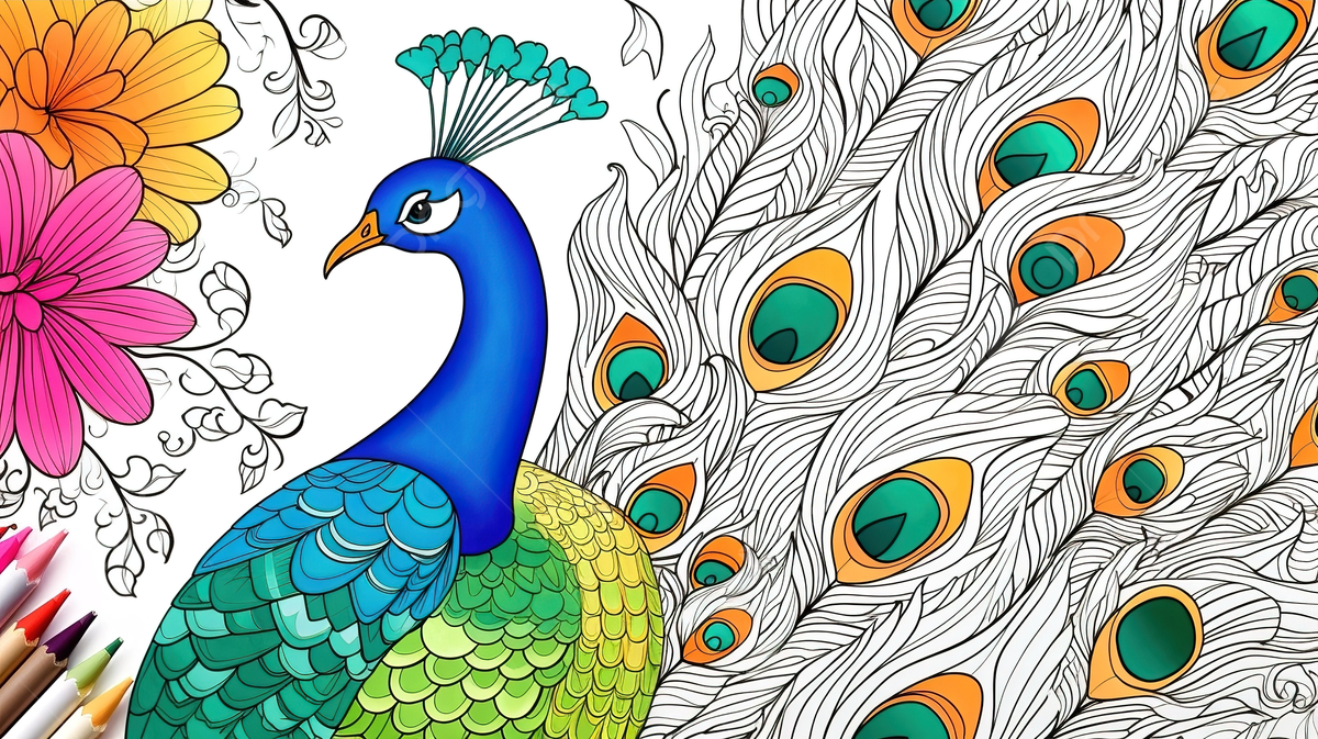 Peacock coloring pages with flowers and colored pencils background peacock coloring picture peacock bird background image and wallpaper for free download