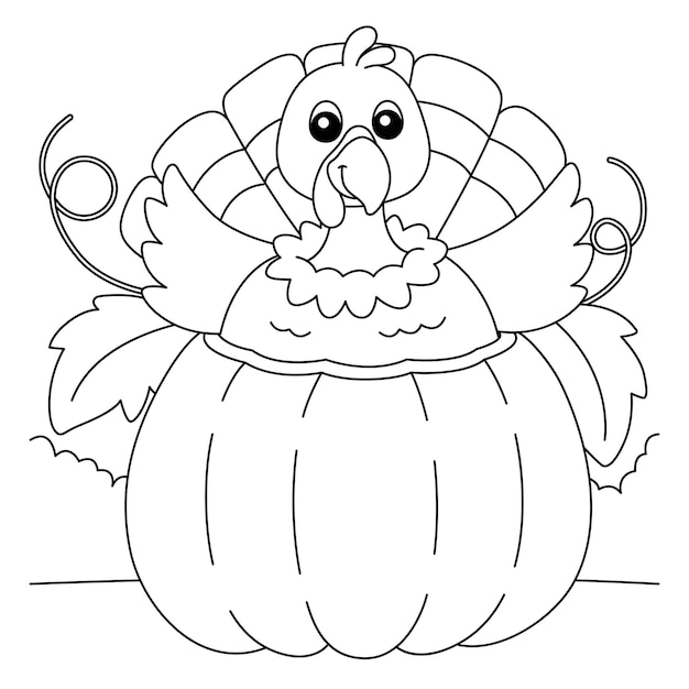 Premium vector thanksgiving turkey inside pumpkin coloring page