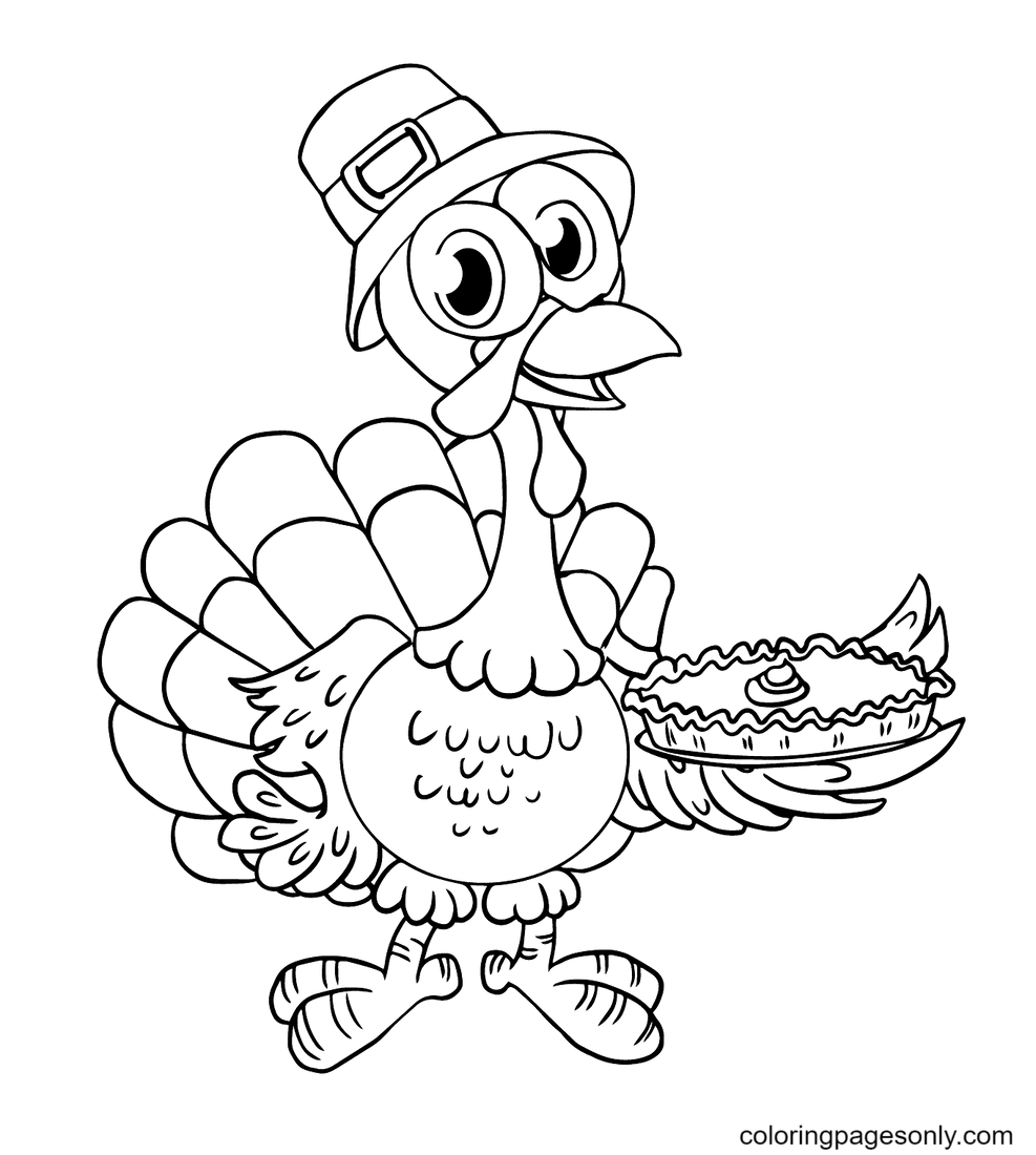 Cartoon turkey with pie coloring page