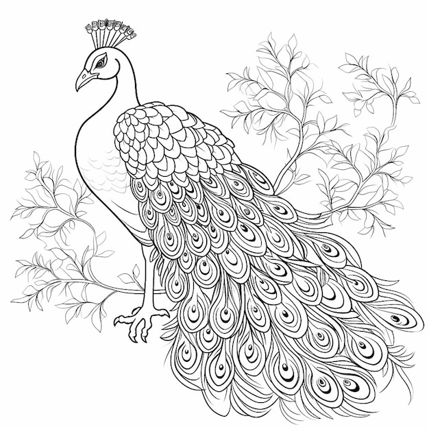 Premium ai image peacock coloring page outline kids fun black white