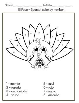 Feliz dãa del pavo spanish color by number for thanksgiving pag spanish classroom activiti learning french for kids spanish kids