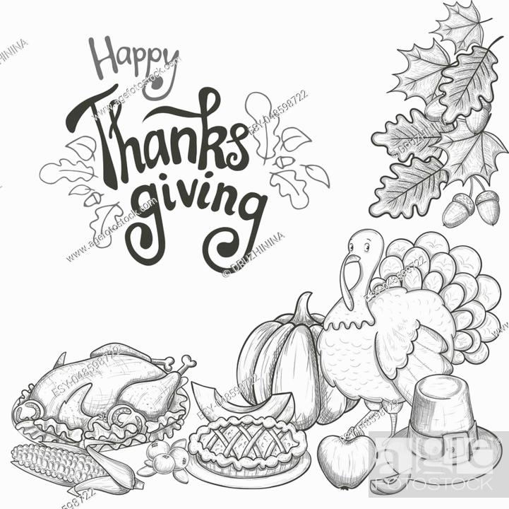 Corner frame with thanksgiving icons sketch style thanksgiving day greeting card foto de stock vector low budget royalty free pic y