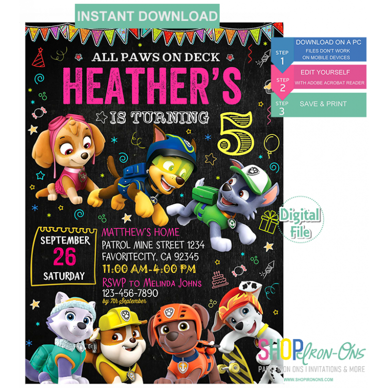 Paw patrol birthday party invitation personalized digital